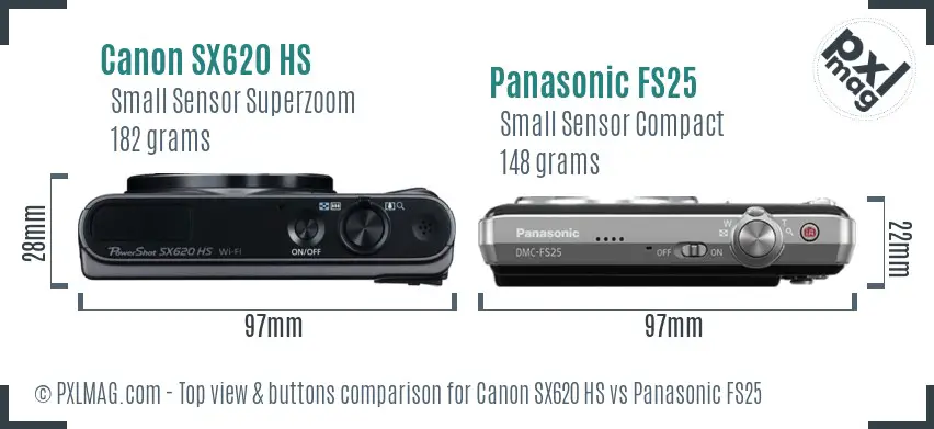 Canon SX620 HS vs Panasonic FS25 top view buttons comparison