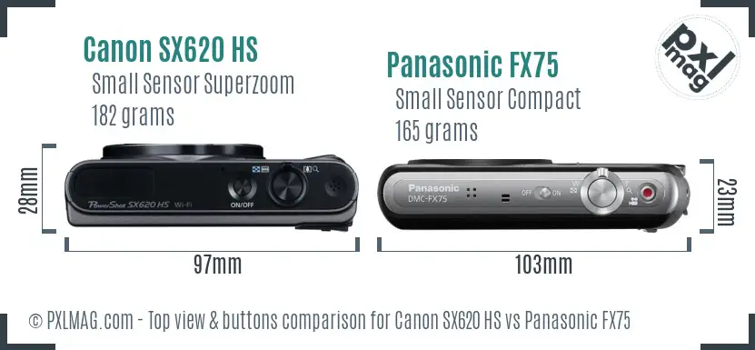 Canon SX620 HS vs Panasonic FX75 top view buttons comparison Canon SX620 HS vs Panasonic FX75 top view buttons comparison