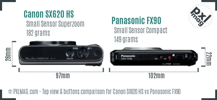 Canon SX620 HS vs Panasonic FX90 top view buttons comparison