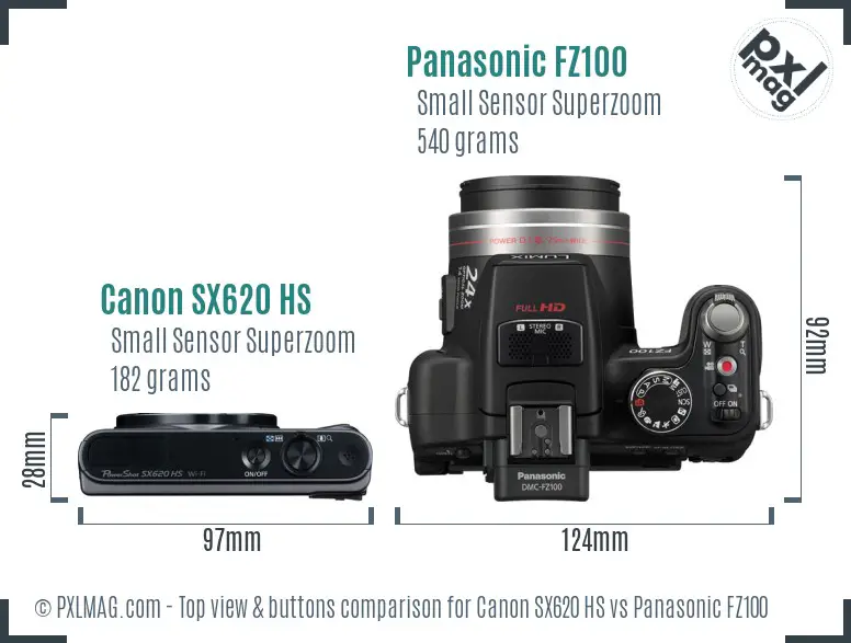 Canon SX620 HS vs Panasonic FZ100 top view buttons comparison