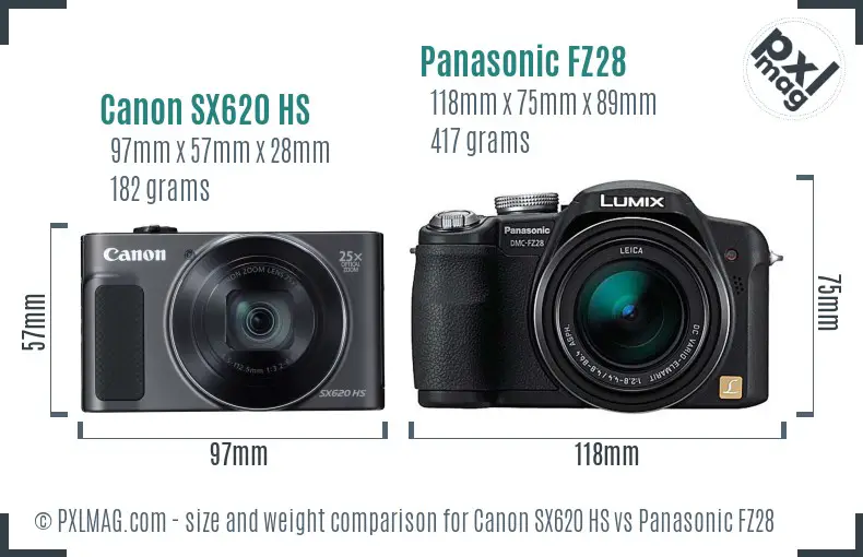 Canon SX620 HS vs Panasonic FZ28 size comparison