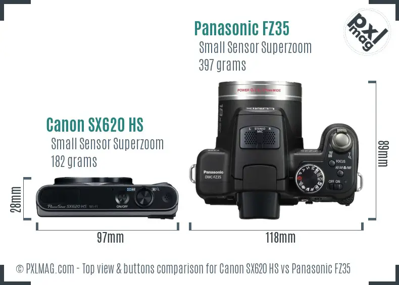 Canon SX620 HS vs Panasonic FZ35 top view buttons comparison Canon SX620 HS vs Panasonic FZ35 top view buttons comparison