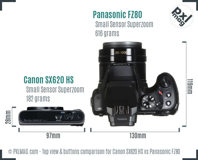 Canon SX620 HS vs Panasonic FZ80 top view buttons comparison