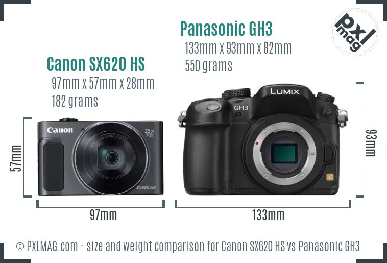 Canon SX620 HS vs Panasonic GH3 size comparison