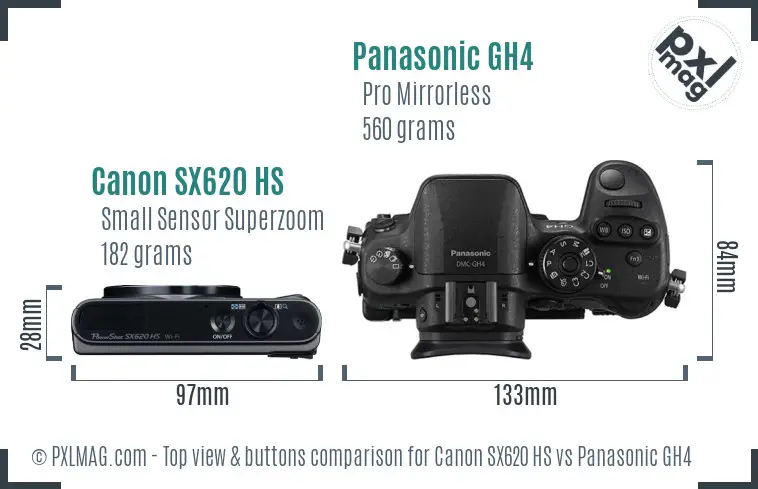 Canon SX620 HS vs Panasonic GH4 top view buttons comparison