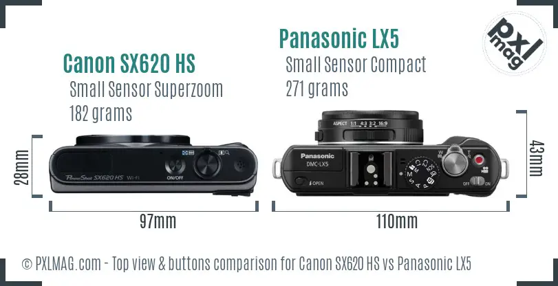 Canon SX620 HS vs Panasonic LX5 top view buttons comparison