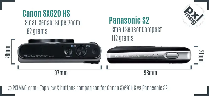 Canon SX620 HS vs Panasonic S2 top view buttons comparison Canon SX620 HS vs Panasonic S2 top view buttons comparison