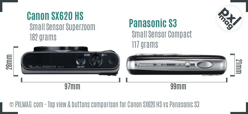Canon SX620 HS vs Panasonic S3 top view buttons comparison