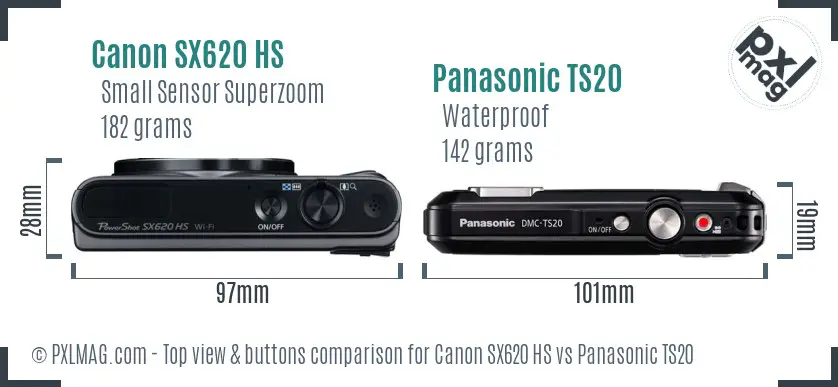 Canon SX620 HS vs Panasonic TS20 top view buttons comparison