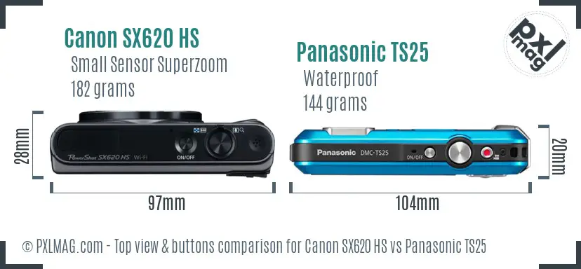 Canon SX620 HS vs Panasonic TS25 top view buttons comparison
