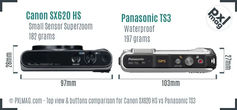 Canon SX620 HS vs Panasonic TS3 top view buttons comparison