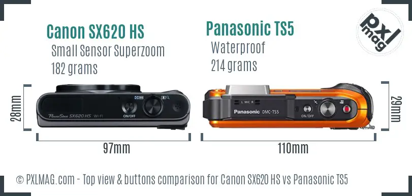 Canon SX620 HS vs Panasonic TS5 top view buttons comparison Canon SX620 HS vs Panasonic TS5 top view buttons comparison
