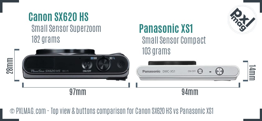 Canon SX620 HS vs Panasonic XS1 top view buttons comparison