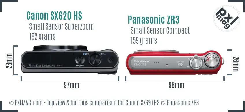 Canon SX620 HS vs Panasonic ZR3 top view buttons comparison Canon SX620 HS vs Panasonic ZR3 top view buttons comparison