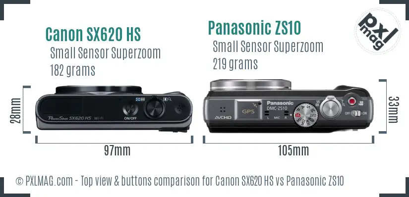 Canon SX620 HS vs Panasonic ZS10 top view buttons comparison