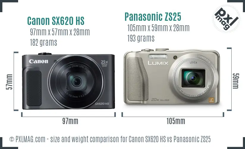 Canon SX620 HS vs Panasonic ZS25 size comparison