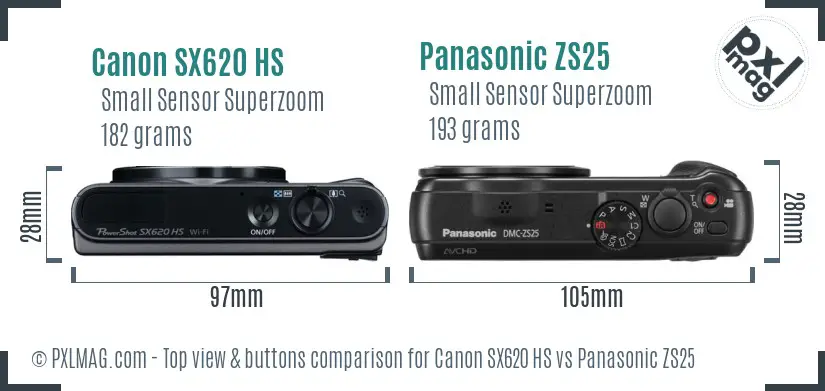 Canon SX620 HS vs Panasonic ZS25 top view buttons comparison