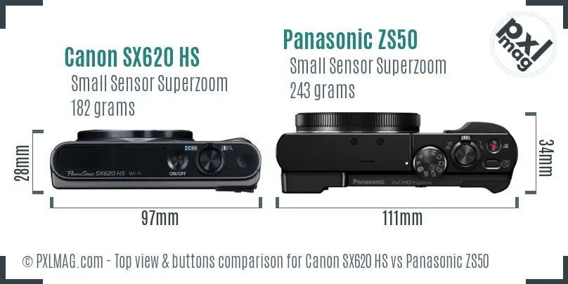 Canon SX620 HS vs Panasonic ZS50 top view buttons comparison