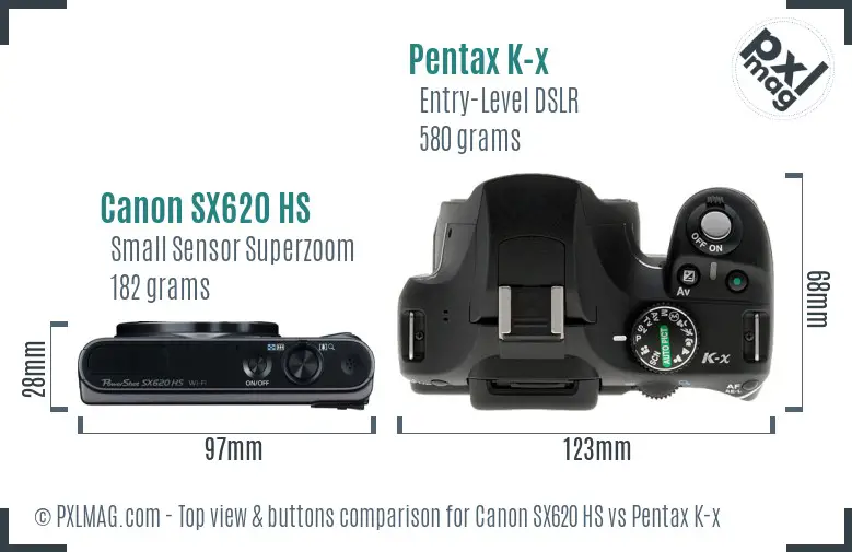 Canon SX620 HS vs Pentax K-x top view buttons comparison