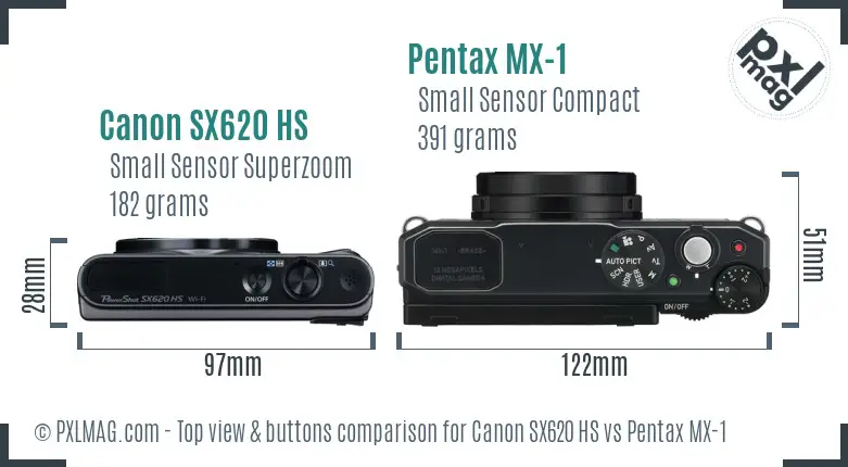 Canon SX620 HS vs Pentax MX-1 top view buttons comparison