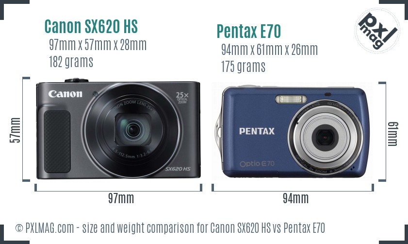 Canon SX620 HS vs Pentax E70 size comparison