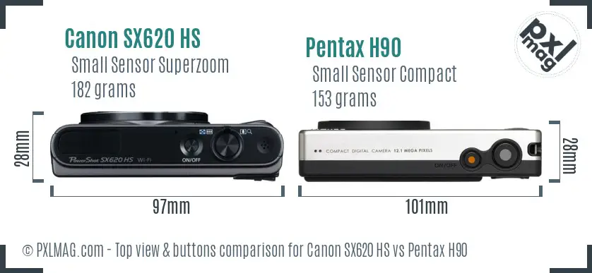Canon SX620 HS vs Pentax H90 top view buttons comparison