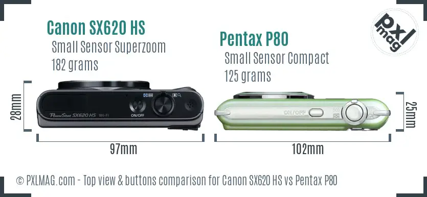 Canon SX620 HS vs Pentax P80 top view buttons comparison Canon SX620 HS vs Pentax P80 top view buttons comparison