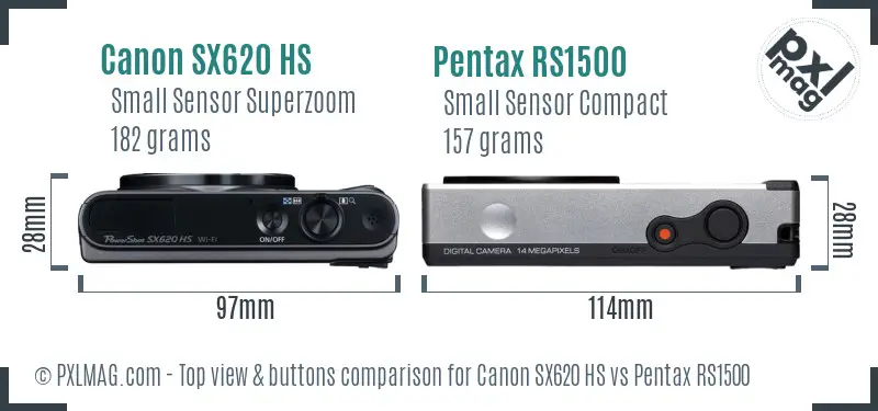 Canon SX620 HS vs Pentax RS1500 top view buttons comparison Canon SX620 HS vs Pentax RS1500 top view buttons comparison