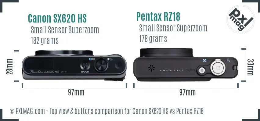 Canon SX620 HS vs Pentax RZ18 top view buttons comparison Canon SX620 HS vs Pentax RZ18 top view buttons comparison