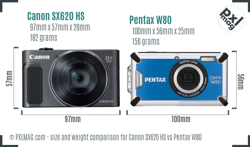 Canon SX620 HS vs Pentax W80 size comparison