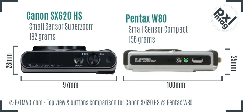 Canon SX620 HS vs Pentax W80 top view buttons comparison