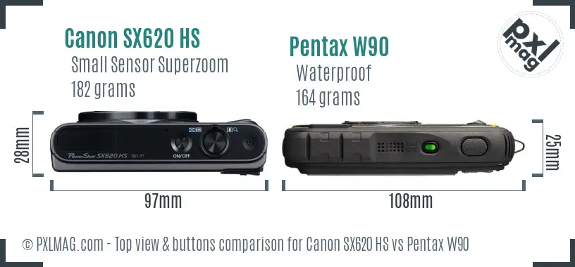 Canon SX620 HS vs Pentax W90 top view buttons comparison