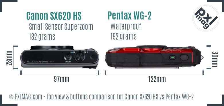 Canon SX620 HS vs Pentax WG-2 top view buttons comparison