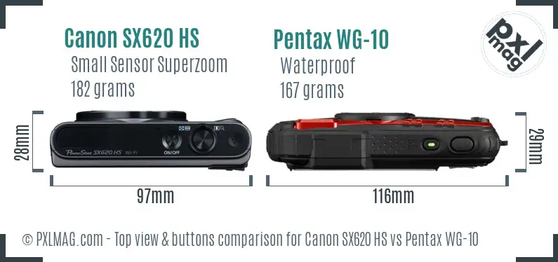 Canon SX620 HS vs Pentax WG-10 top view buttons comparison