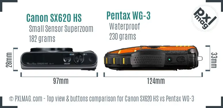 Canon SX620 HS vs Pentax WG-3 top view buttons comparison