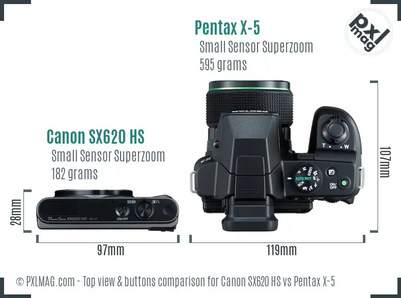 Canon SX620 HS vs Pentax X-5 top view buttons comparison