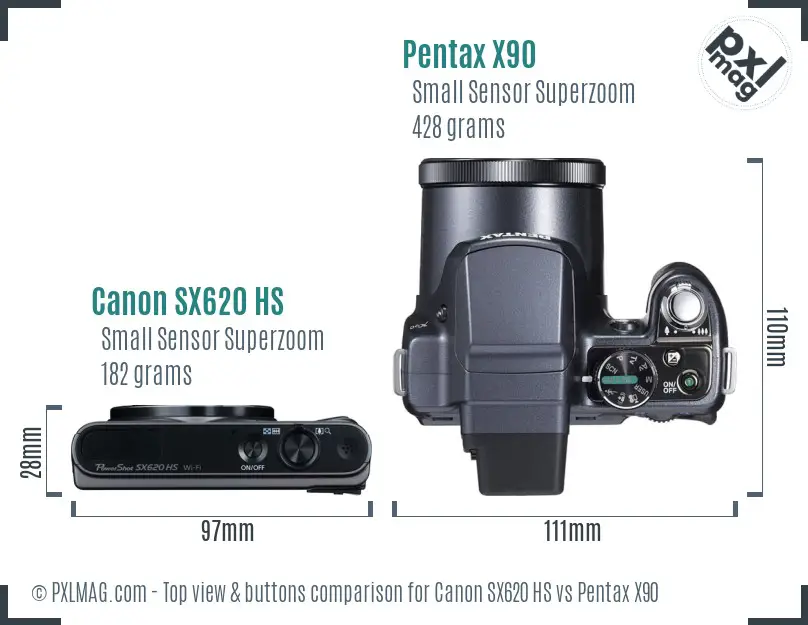 Canon SX620 HS vs Pentax X90 top view buttons comparison