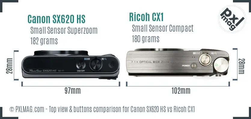Canon SX620 HS vs Ricoh CX1 top view buttons comparison Canon SX620 HS vs Ricoh CX1 top view buttons comparison