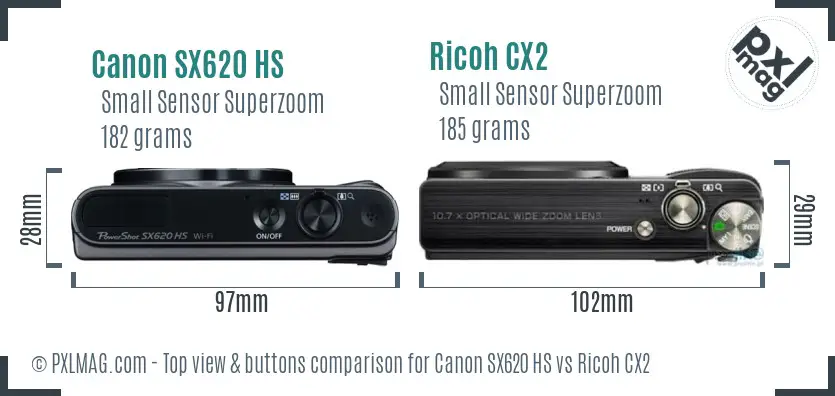 Canon SX620 HS vs Ricoh CX2 top view buttons comparison Canon SX620 HS vs Ricoh CX2 top view buttons comparison
