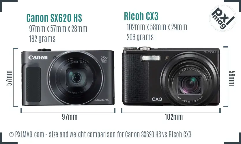 Canon SX620 HS vs Ricoh CX3 size comparison