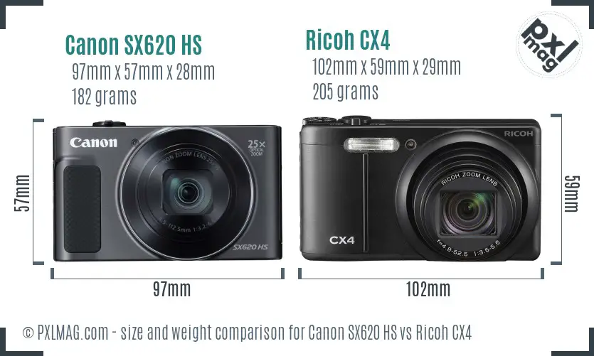 Canon SX620 HS vs Ricoh CX4 size comparison
