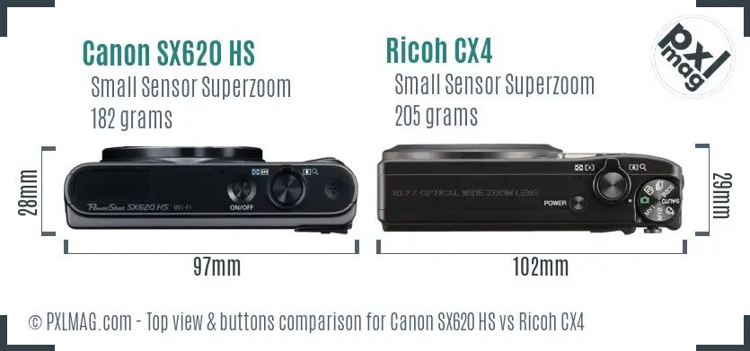 Canon SX620 HS vs Ricoh CX4 top view buttons comparison