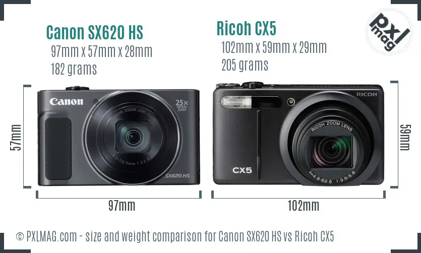 Canon SX620 HS vs Ricoh CX5 size comparison