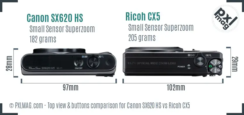 Canon SX620 HS vs Ricoh CX5 top view buttons comparison