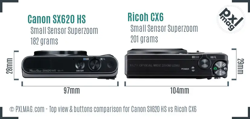 Canon SX620 HS vs Ricoh CX6 top view buttons comparison