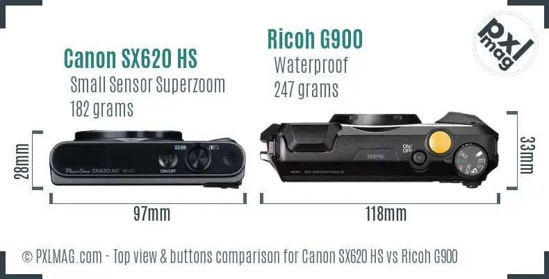 Canon SX620 HS vs Ricoh G900 top view buttons comparison