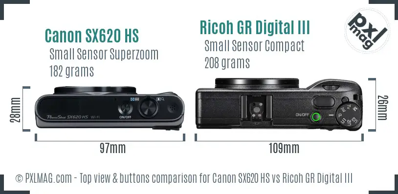 Canon SX620 HS vs Ricoh GR Digital III top view buttons comparison Canon SX620 HS vs Ricoh GR Digital III top view buttons comparison