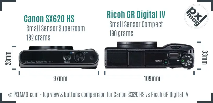 Canon SX620 HS vs Ricoh GR Digital IV top view buttons comparison