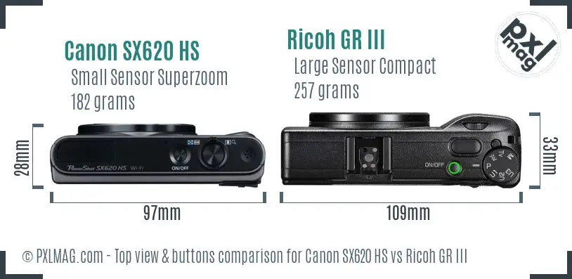 Canon SX620 HS vs Ricoh GR III top view buttons comparison