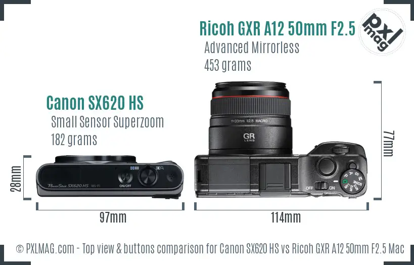 Canon SX620 HS vs Ricoh GXR A12 50mm F2.5 Macro top view buttons comparison